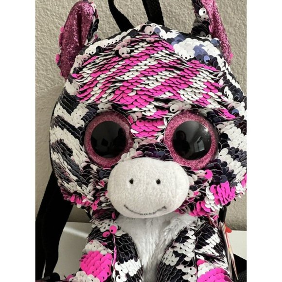 Ty Fashion Beanie Boo Zoey Zebra Reversible Sequin Backpack Black, White & Pink - Picture 3 of 12